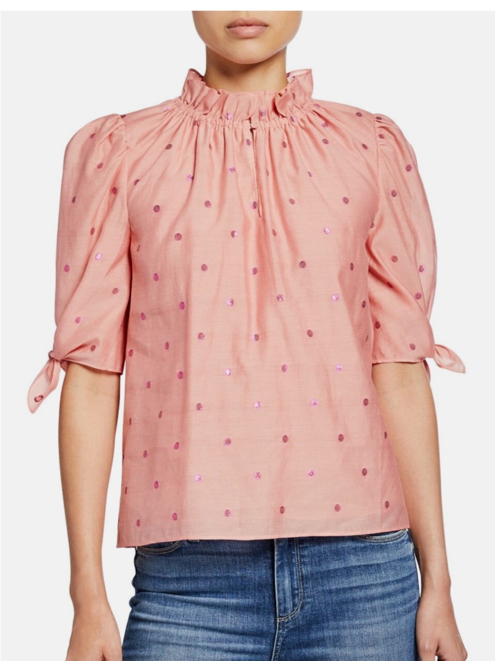 Rebecca Taylor Pink Sequin Dot Ruffle-Neck Blouse